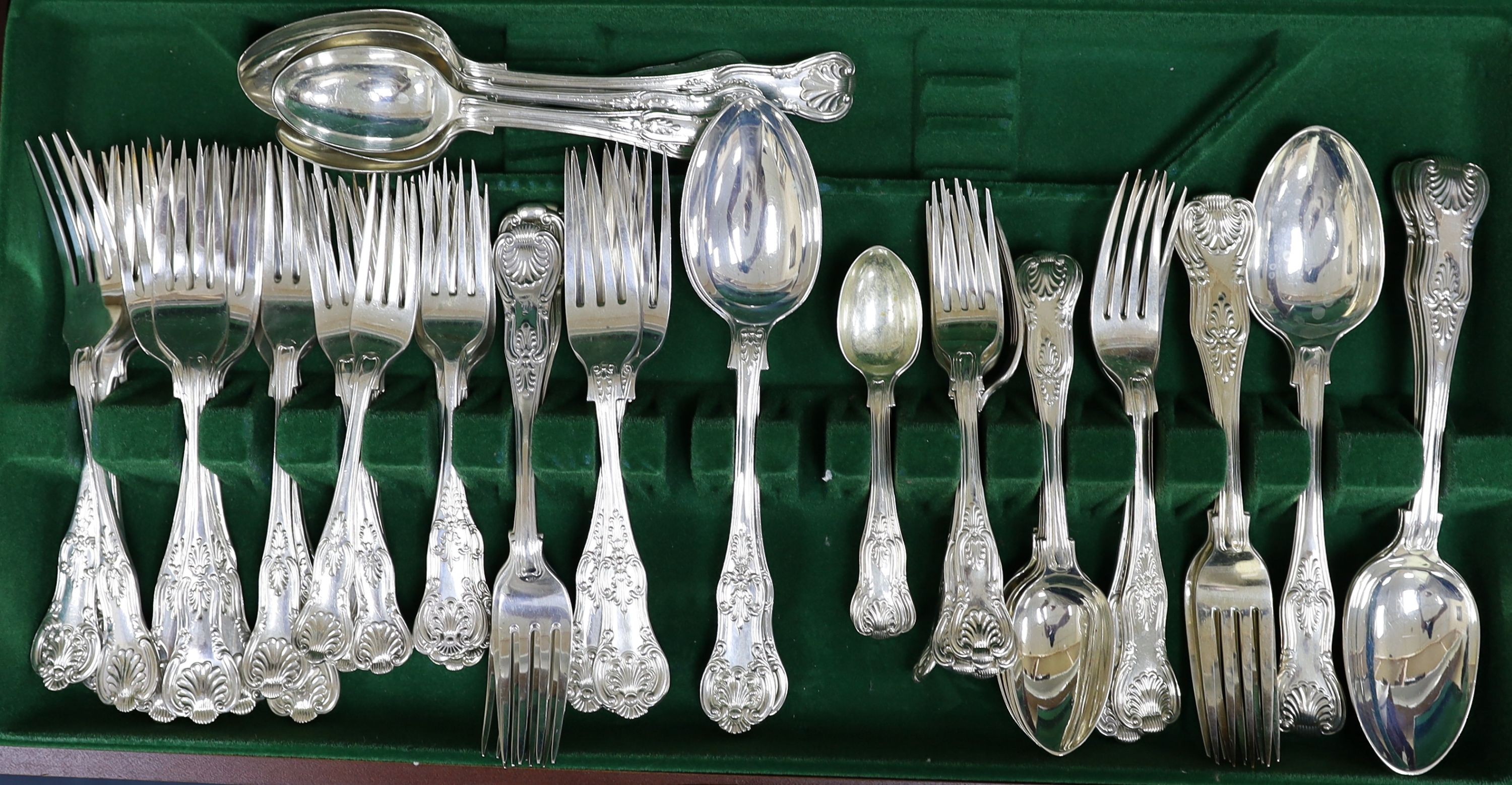 A Victorian and later harlequin part canteen of Kings and Queens pattern silver and plated flatware